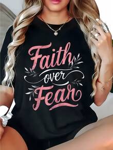 FAITH Over FEAR Women's T-Shirt | Black With Pink Inspirational Writing And Geometric Floral Print, Soft And Breathable, Relaxed Fit, Crew Neck, Short Sleeve, Christian Faith Clothing, Unisex Casual Outfit, Lightweight Fabric - 黑色 - 查看 1