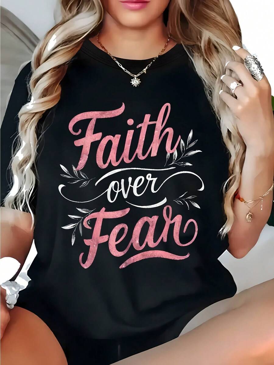 FAITH Over FEAR Women's T-Shirt | Black With Pink Inspirational Writing And Geometric Floral Print, Soft And Breathable, Relaxed Fit, Crew Neck, Short Sleeve, Christian Faith Clothing, Unisex Casual Outfit, Lightweight Fabric - 黑色 - 查看 1