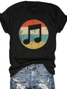 Camiseta Casual de Mujer con Notas Musicales y Signo de Descanso - Cuello Redondo, Manga Corta, Tela No Transparente Ideal para Festivales, Conciertos y Uso Diario - Blusa de Partitura Musical Lavable a Máquina - Negro - Ver 2