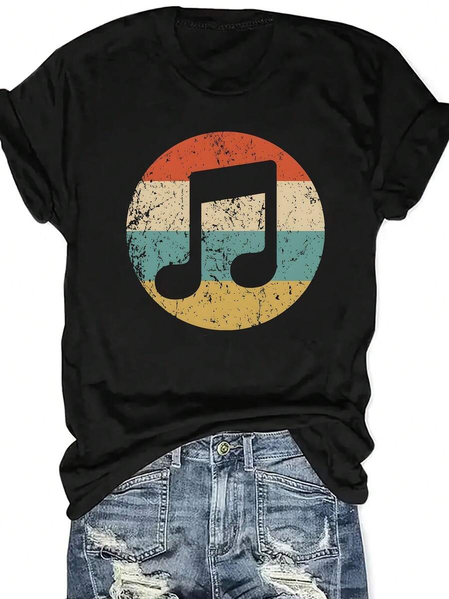 Camiseta Casual de Mujer con Notas Musicales y Signo de Descanso - Cuello Redondo, Manga Corta, Tela No Transparente Ideal para Festivales, Conciertos y Uso Diario - Blusa de Partitura Musical Lavable a Máquina