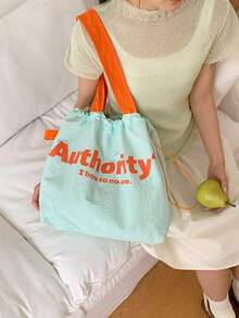 2025 New Drawstring Large Capacity Shoulder Canvas Bag, Japanese Letter Print Nylon Tote Handbag, Commuter - Green - View 3