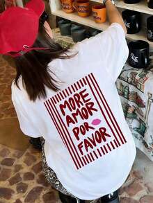 1 Women's Summer T-Shirt, Loose Fit, Round Neck, Short Sleeve, Striped Print With The Phrase "MORE LOVE PLEASE", Suitable For Parties, Holidays, Office, Daily Wear, Dates, Meetings, Streetwear, A Casual Summer Basic. - 布蘭克 - 查看 6