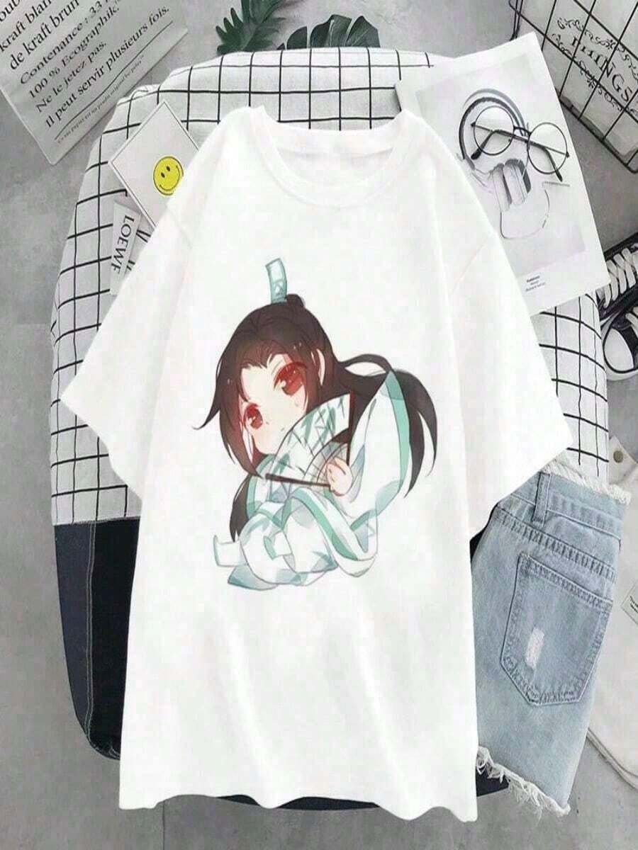 Under The Radar Harajuku Women's Plus Size T-Shirt Arrival Chinese Anime Women's T-Shirt Self Rescue System Villain Bastard T-Shirt Clothing - Vintage Street Style Unisex Loose Cotton Short Sleeve Crew Neck T-Shirt - 白色 - 查看 1