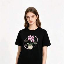 Women's Clothing Summer Sets For Women, Short Sleeve T-Shirt With Hand-Painted Phalaenopsis Print, Unisex, Loose Fit, 100% Cotton Women's Shirts - 黑色 - 查看 1