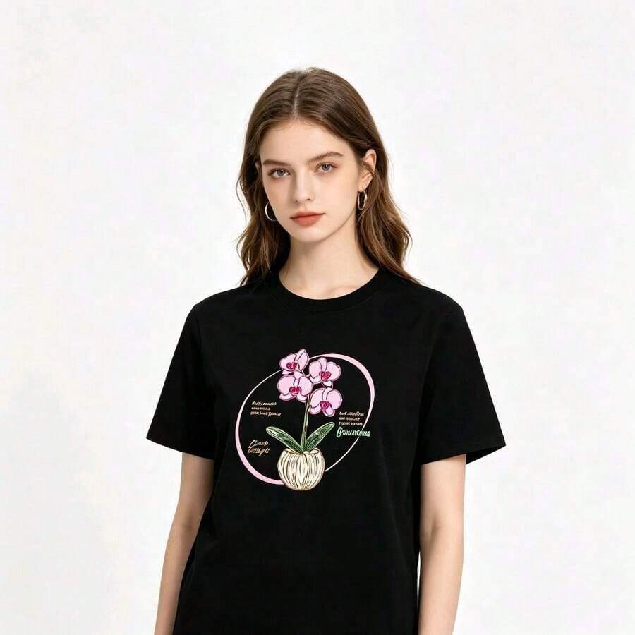 Women's Clothing Summer Sets For Women, Short Sleeve T-Shirt With Hand-Painted Phalaenopsis Print, Unisex, Loose Fit, 100% Cotton Women's Shirts - 黑色 - 查看 1