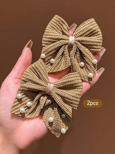 2pcs Khaki Bowknot Hair Clips, Suitable For Daily Use Hair Accessories