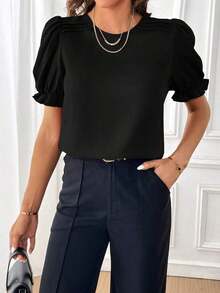 Blusa con mangas abullonadas, blusas de manga corta - Negro - Ver 4
