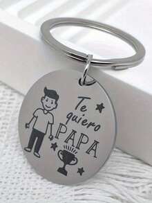 1pc Sweet & Warm Silver Round Metal Spanish Key Chain, Suitable For Bag & Car Key Decoration, Father's Day Gift - Silver - View 3