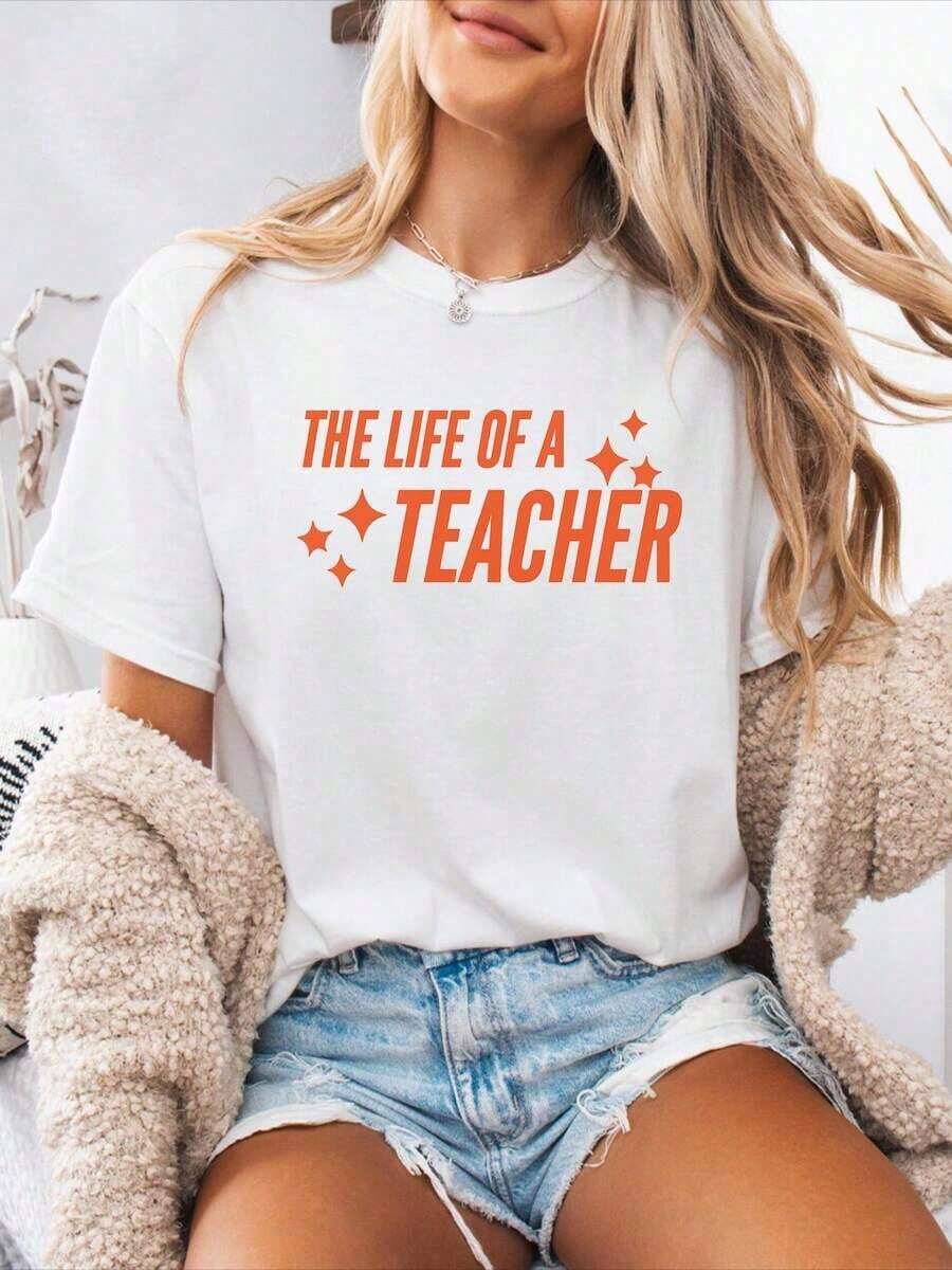 1 Piece Of Women's Short Sleeve Round Neck T-Shirt, Spring-Summer Casual Style, Alphabet Letter Print, Machine Washable, Ideal For Spring-Summer Casual Outfits, Medium Elasticity Fabric, Not Casual, In Stock, 180g, 100% Cotton. - 白色 - 查看 1