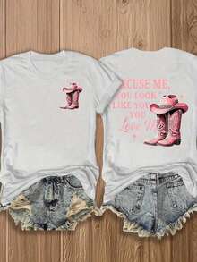Women's Double-Sided Cotton T-Shirt With Colorful Print, Western Style, Featuring Cowboy Boots And Hat, Funny Slogan Tee, Perfect For Country Music Fans,  Casual Top For Summer, New Arrival. - 白色 - 查看 1