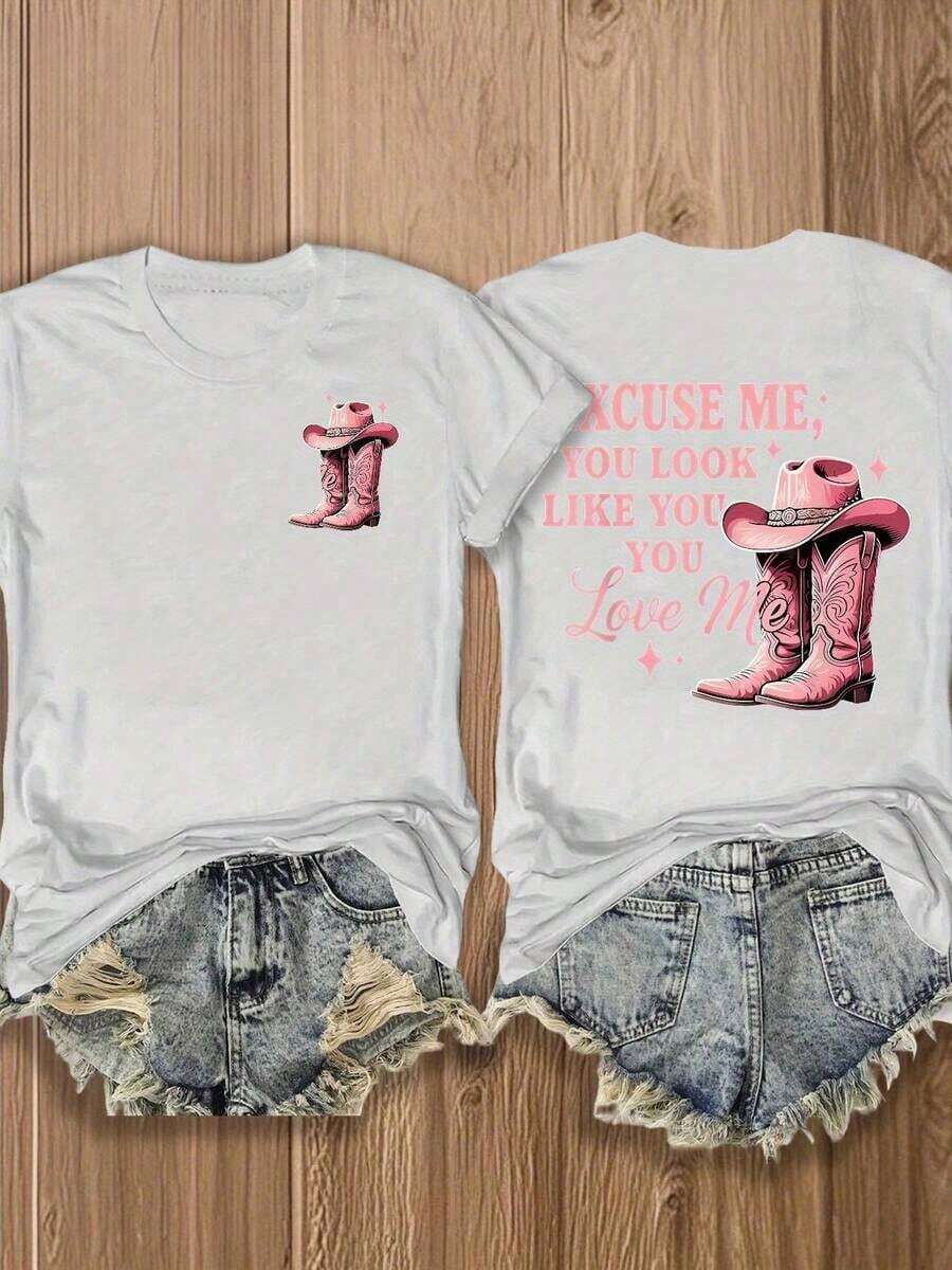 Women's Double-Sided Cotton T-Shirt With Colorful Print, Western Style, Featuring Cowboy Boots And Hat, Funny Slogan Tee, Perfect For Country Music Fans, Casual Top For Summer, New Arrival. - 白色 - 查看 1