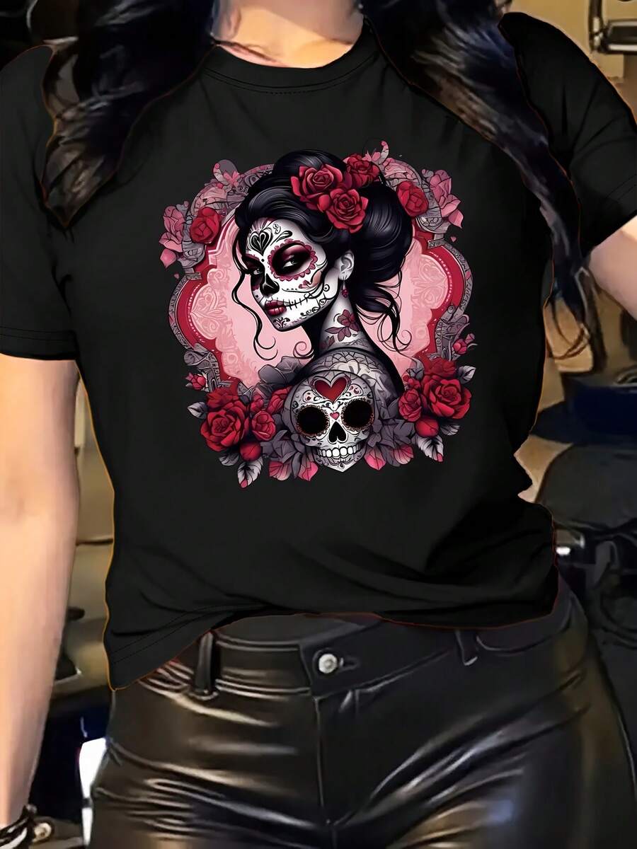 Women's T-Shirt Made Of Pure Cotton, Casual Loose Style, With Mexican Day Of The Dead Print, Short Sleeves, Regular Fit, Round Neck, Women's Clothing For Spring/Summer, Casual Outdoor Fashion, Lightweight And Breathable Fabric, Gift For The Holidays. - 黑色 - 查看 1