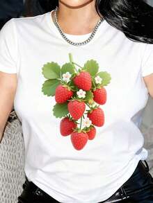 Nuevas llegadas para el verano. Camiseta de Mujer con Estampado de Fresas 3D y Cuello Redondo - Tela Suave, Transpirable y Elástica, Camiseta Casual de Manga Corta para Primavera/Verano, Lavable a Máquina - Blanco y Negro, Camiseta de Fresas, Ropa de Estilo Urbano, Camiseta con Diseño Divertido, Blusa de Elasticidad Media, Camisa > Hermosa. - Blanco - Ver 6