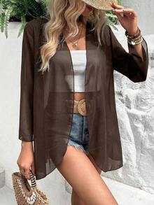 Chaqueta ligera y transparente de manga acampanada de unicolor casual de vacaciones EARO para primavera - Café integral - Ver 4