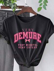 Nuevas llegadas para el verano. Camiseta de manga corta con cuello redondo y estampado de letras para mujer, camisa gráfica casual y encantadora para un atuendo de moda femenina, ropa de verano, camisas para mujer, blusa, camisa > Hermosa. - Negro - Ver 11