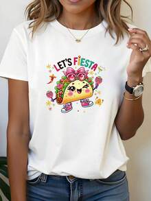 Women's Printed Design T-Shirt - Casual Style (Without Accessories) For Women, Ideal For Cinco De Mayo Festival, Mexican Carnival, Taco Party, With Vibrant Text Print, Round Neck, Short Sleeve, For Spring/Summer, Suitable For Casual Shopping, Mother's Day, Valentine's Day, Women's Tops. - 白色 - 查看 6