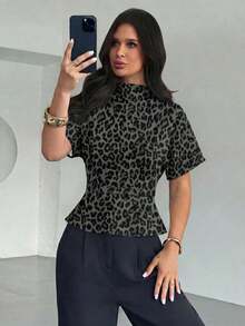 Blusa ajustada de estampado animal minimalista y casual con cuello fruncido, manga asimétrica y cintura fruncida, para mujer, para todas las estaciones - Multicolor - Ver 3