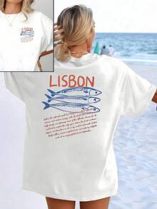 Lisbon And Its Sardines Symbolize The Joy Of The Sea, The Connection With Atlantic Culture, And The Free Spirit Of Those Who Enjoy Summer With Freshness And Charm. Women's Double-Print Casual T-Shirt For Everyday Wear, Beach, And Strolls. - 白色 - 查看 8