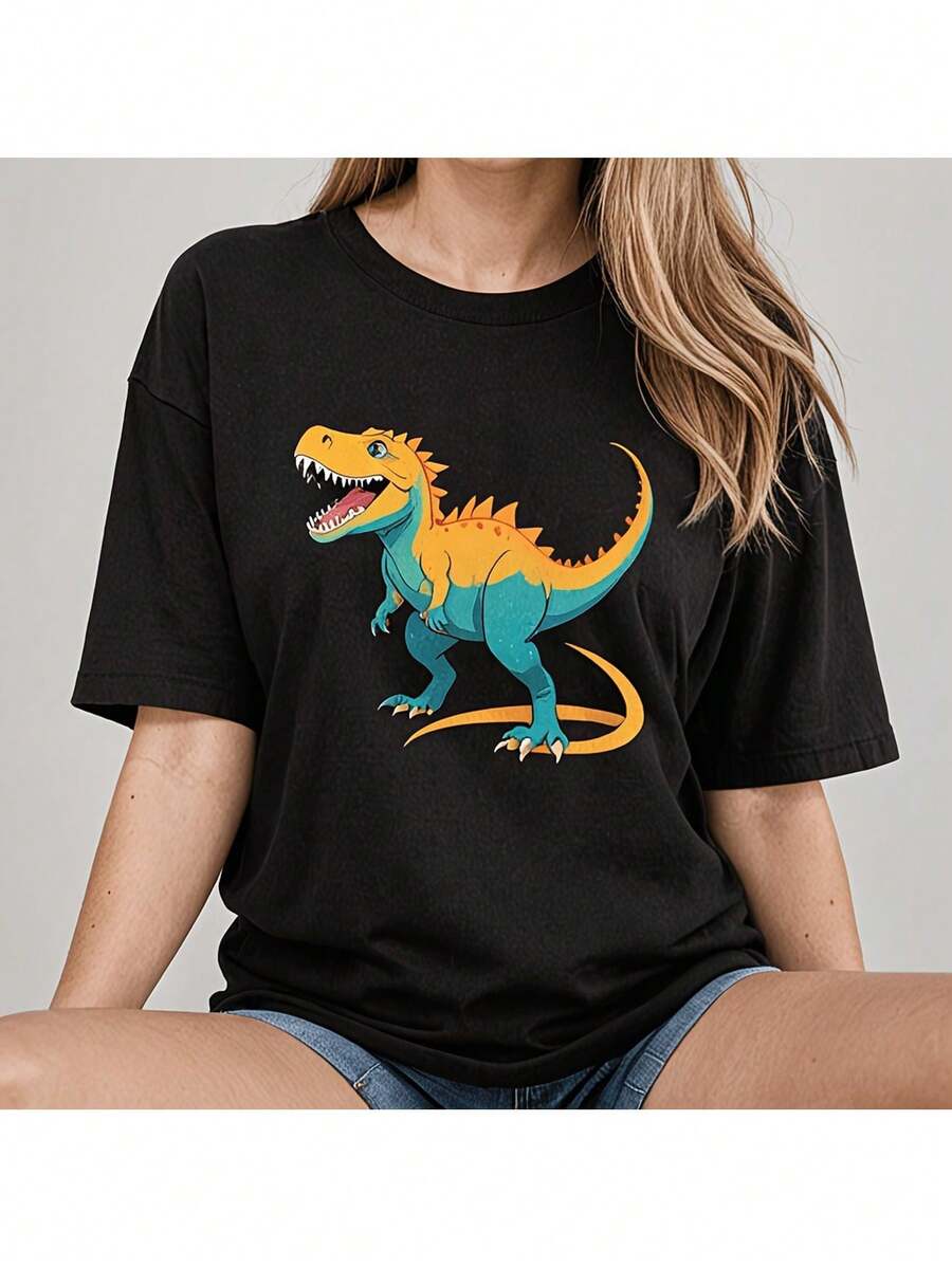 Great Offer: Women's Casual Round Neck T-Shirt With Colorful Dinosaur Print, Slightly Stretchy, Regular Fit And Short Sleeves, Ideal For Sports And Everyday Wear. - 黑色 - 查看 1