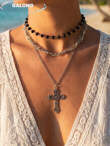 Dây chuyền choker bản to bằng thép không gỉ và da, phong cách lễ hội âm nhạc Gothic, dây chuyền cá tính dành cho bãi biển. - màu đen - Xem 1