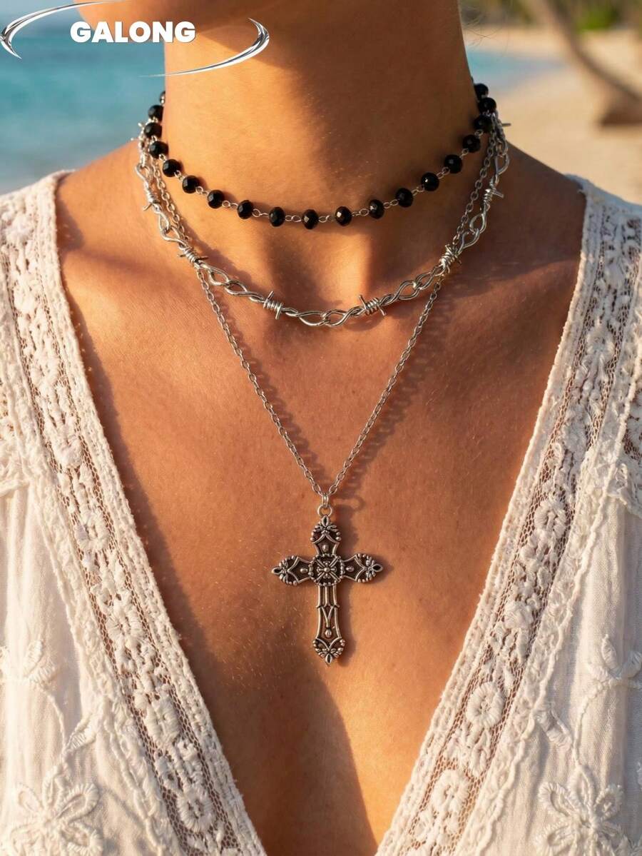 Dây chuyền choker bản to bằng thép không gỉ và da, phong cách lễ hội âm nhạc Gothic, dây chuyền cá tính dành cho bãi biển. - màu đen - Xem 1