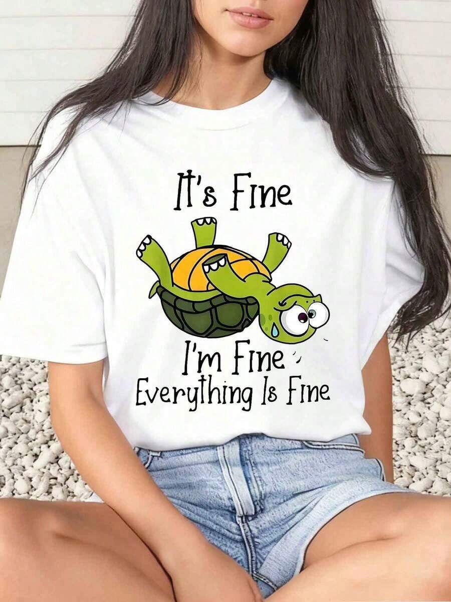 1 Piece Women's T-Shirt With 'Turtle Its Fine Im Fine Everything Is Fine' Print, Casual, Round Neck, Short Sleeve, Comfortable, 220g Cotton, 180g 100% Cotton - 白色 - 查看 1
