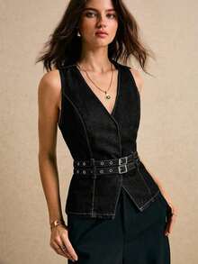 Parte superior de mezclilla sin mangas con diseño de hebilla en la cintura y cuello en V para mujer - Negro - Ver 8
