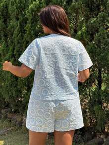 piezas de blusa y shorts con estampado floral para mujer de talla grande - Azul - Ver 2