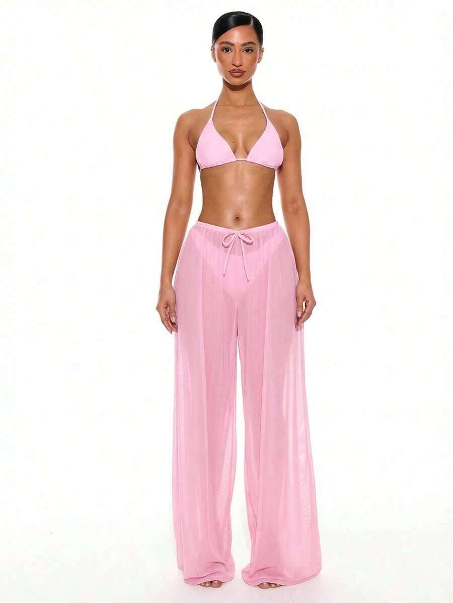 Pantalones anchos con cordón frontal de tiro bajo, prenda de vestir para cubrir en verano, primavera, vacaciones, vacaciones, club sexy, Ibiza, ropa de playa, nanotecnología, techno, otoño, color sólido - Rosa - Ver 1