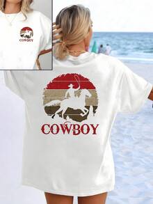 A Rider Throwing A Lasso Over His Horse At Sunset Reflects Free Spirit, Strength, And Adventure, Inspiring The Energy Of The American West. This Women's T-Shirt Features A Modern And Comfortable Double-Sided Print. - 白色 - 查看 8