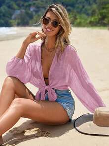 Swim Vcay Kimono corto de manga larga de unicolor y uso diario minimalista para mujer - Rosa - Ver 4