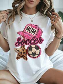 Elegante y casual para mujer, manga corta, camiseta Soccer Mom para el Día de la Madre, con gorra rosa y balón con estrella de leopardo, ropa casual blanca para primavera y verano. - Blanco - Ver 1