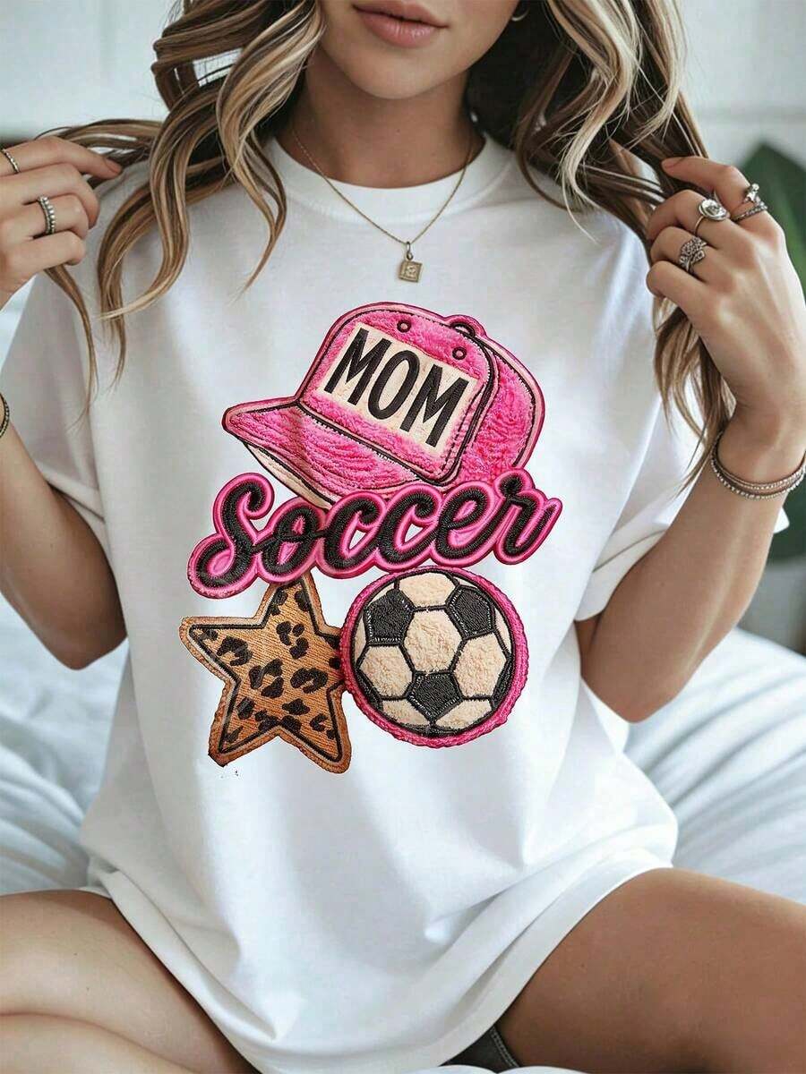 Elegante y casual para mujer, manga corta, camiseta Soccer Mom para el Día de la Madre, con gorra rosa y balón con estrella de leopardo, ropa casual blanca para primavera y verano. - Blanco - Ver 1