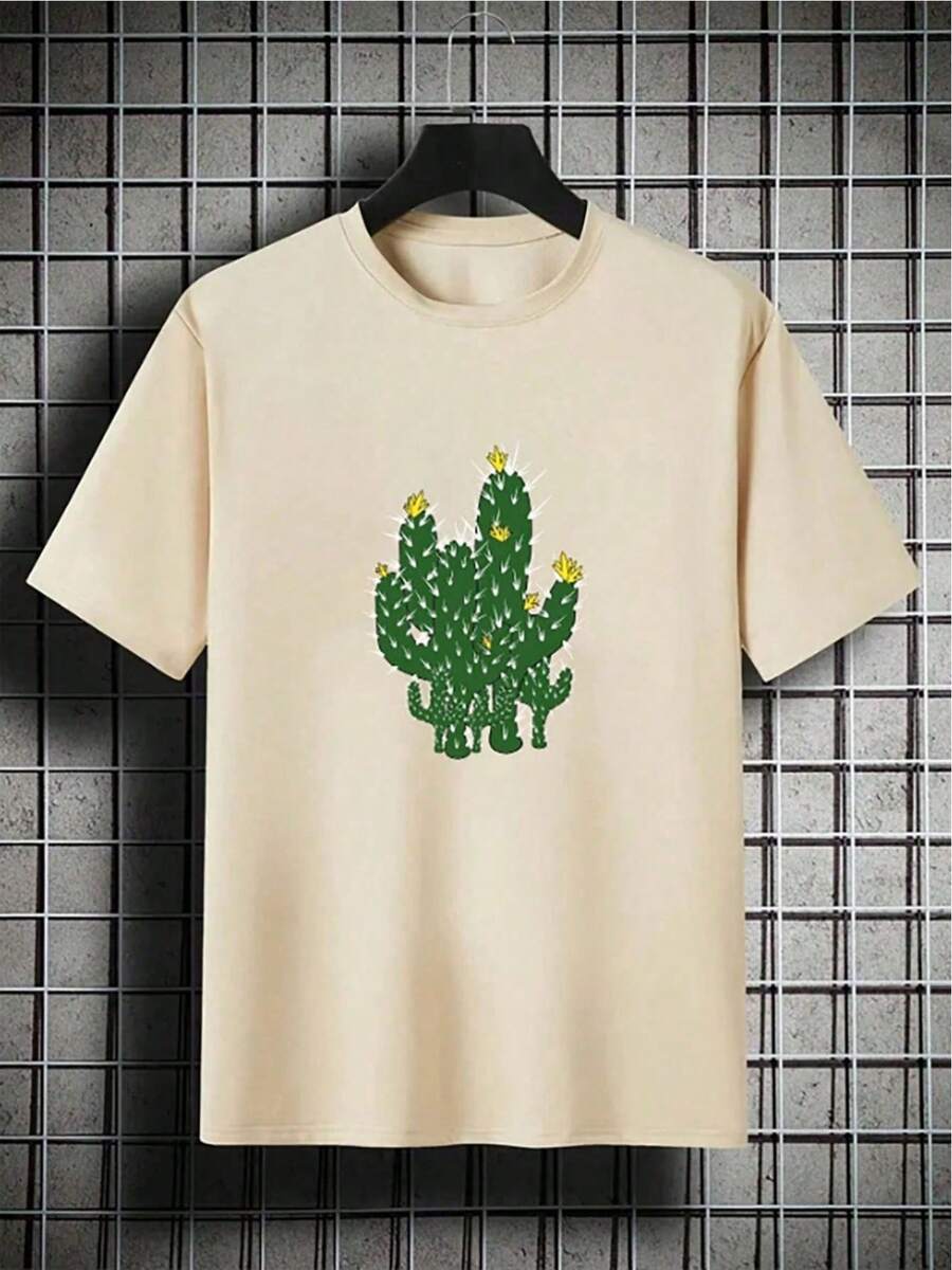 Women's Basic Casual T-Shirt With Cactus Print, Mexican Style, New Release - 杏色 - 查看 1