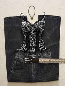 Top de camisola con parches de encaje y estampado de leopardo sexy para vacaciones de verano - Blanco y Negro - Ver 5