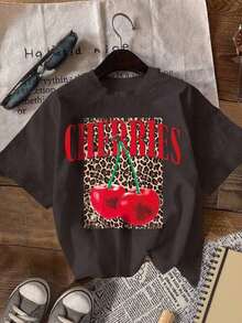 1 pieza de camiseta casual de manga corta con cuello redondo y estampado de cerezas para mujer talla grande , 180g, 100% algodón. - Blanco - Ver 7