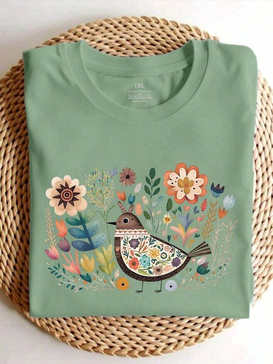Women's Plus Size Summer Top With Crew Neck, Short Sleeves, Graphic Print Of Birds, Flowers And Blossoms In A Bohemian And Popular Style - Mint Green - View 1
