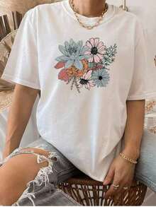 Simple And Versatile Design 1 Floral Leaf Butterfly Casual Sweet Party Elegant Sexy None Home Beach Vacation Wedding Office Street Travel Bachelorette Party Photoshoot Formal And Evening Sports And Fitness VeronaCottonT-Shirt - 白色 - 查看 2