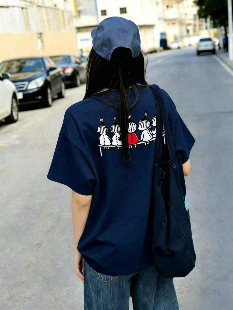 Women's Casual Cotton T-Shirt, Short Sleeve And Round Neck, With A Cute Print On The Back, Perfect For Everyday Wear, Regular Length, With Moderately Elastic Fabric, Cute And Casual Style. - ネイビーブルー - 查看 1