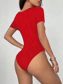 Body de mujer de unicolor, ajuste delgado, cuello cuadrado minimalista, de manga corta, versátil para el uso diario, primavera/verano - Rojo 2 - Ver 2