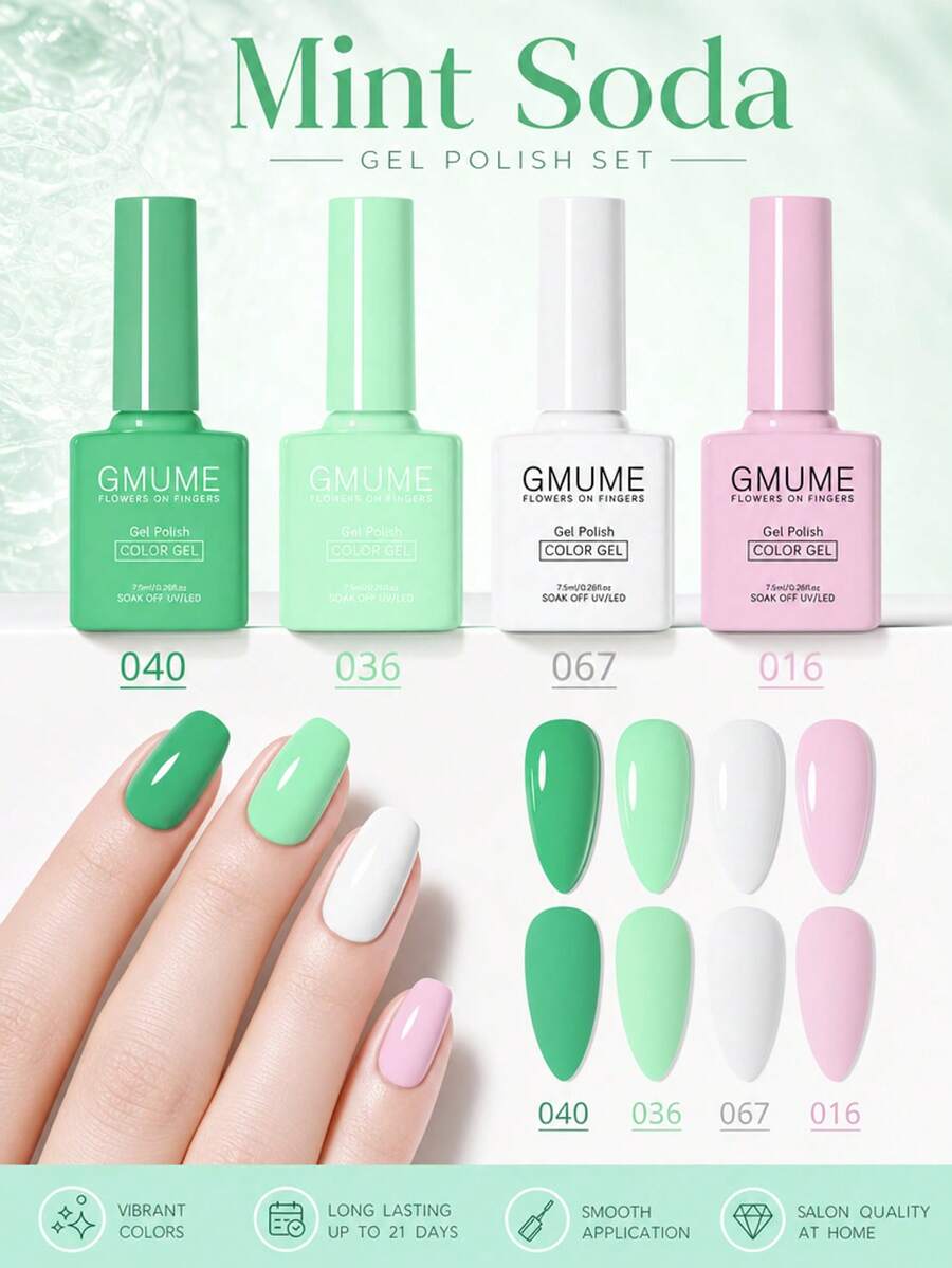 GMUME 4瓶/套 7.5毫升薄荷苏打色凝胶指甲油套装，色号040、036、067、016，所见即所得，可卸除，UV/LED固化，亮绿色、薄荷绿、纯白色、浅粉色，清新春日系列，复活节礼物
