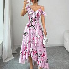 Women's Spring/Summer New Romantic Retro Palace Style Beach Vacation Atmosphere Outfit, Daily Gathering, Date Party, Floral Print, Oblique Collar Ruffle Hem Irregular Hem Design, Long Pink Maxi Dress - Albaricoque - Ver 9