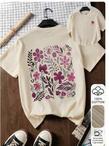 1 pieza de camiseta de algodón 100% para mujer de talla grande, con estampado floral, cuello redondo y manga corta, tela suave para verano. - Estilo - Ver 1