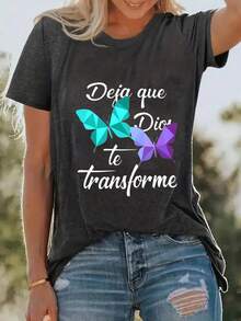 Women's Short-Sleeved T-Shirt, Casual Summer Style, With Spanish Text And Butterfly Print, Soft And Stretchy Fabric, Round Neck, Casual Church Wear, Machine Washable For Year-Round Comfort, Suitable For Spanish Students And Bible Study, Sporty Smart Style, With The Spanish Phrase "LET ME BE TRANSFORMED" And Butterfly Design, Loose And Casual Fit. - 白色 - 查看 10