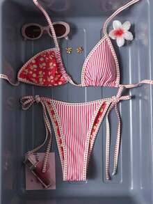 Conjunto de bikini de 2 piezas con estampado floral diminuto y escote halter para vacaciones y playa - Rojo - Ver 9