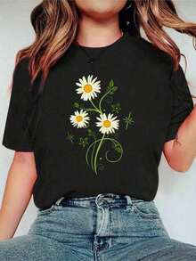 Camiseta Marguerites Daisy Spring, Camiseta de Flores Margaritas de Verano, Camiseta de Moda Casual para Mujer, Cuello Redondo, Manga Corta - Negro - Ver 2