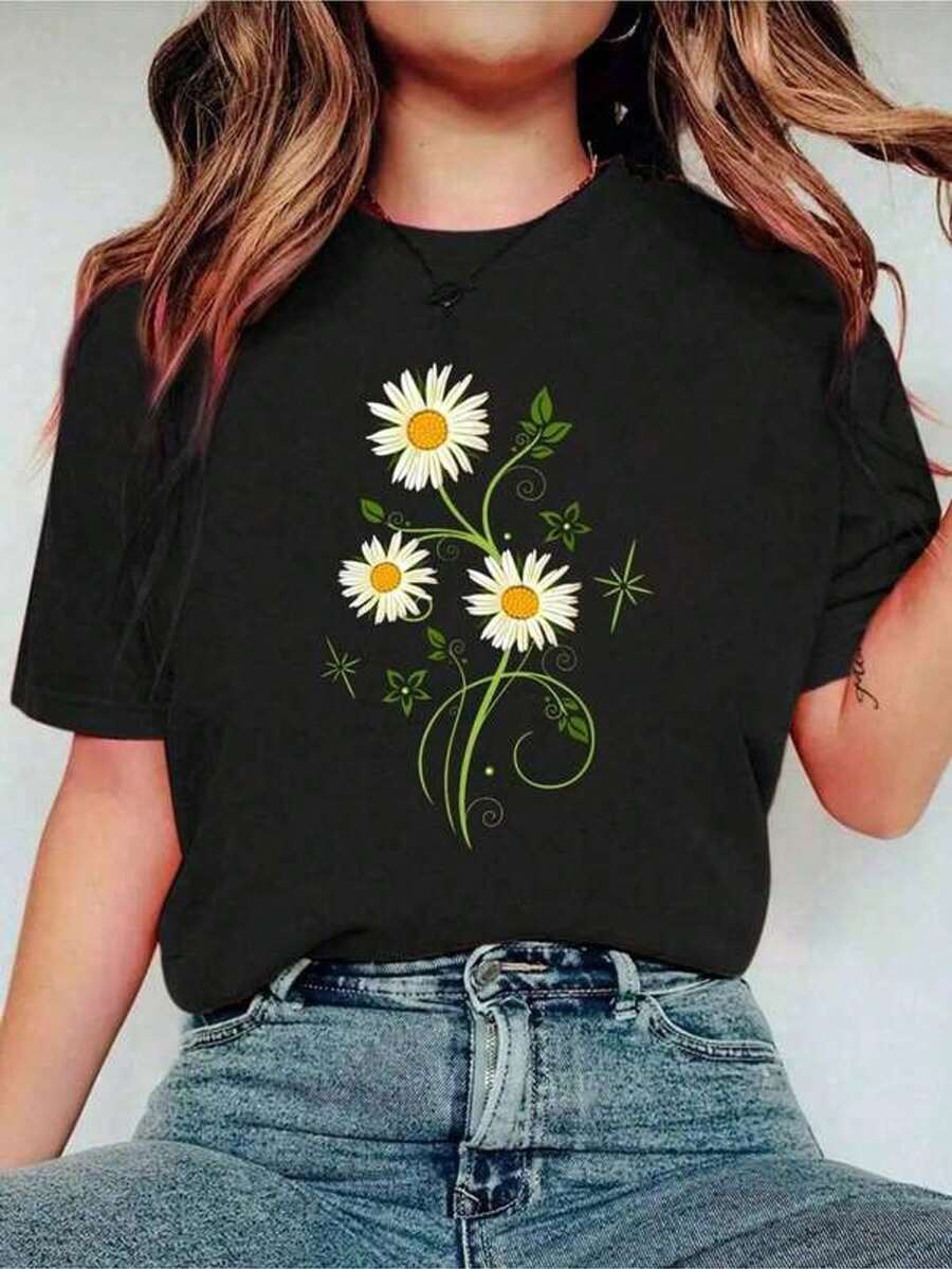 Camiseta Marguerites Daisy Spring, Camiseta de Flores Margaritas de Verano, Camiseta de Moda Casual para Mujer, Cuello Redondo, Manga Corta