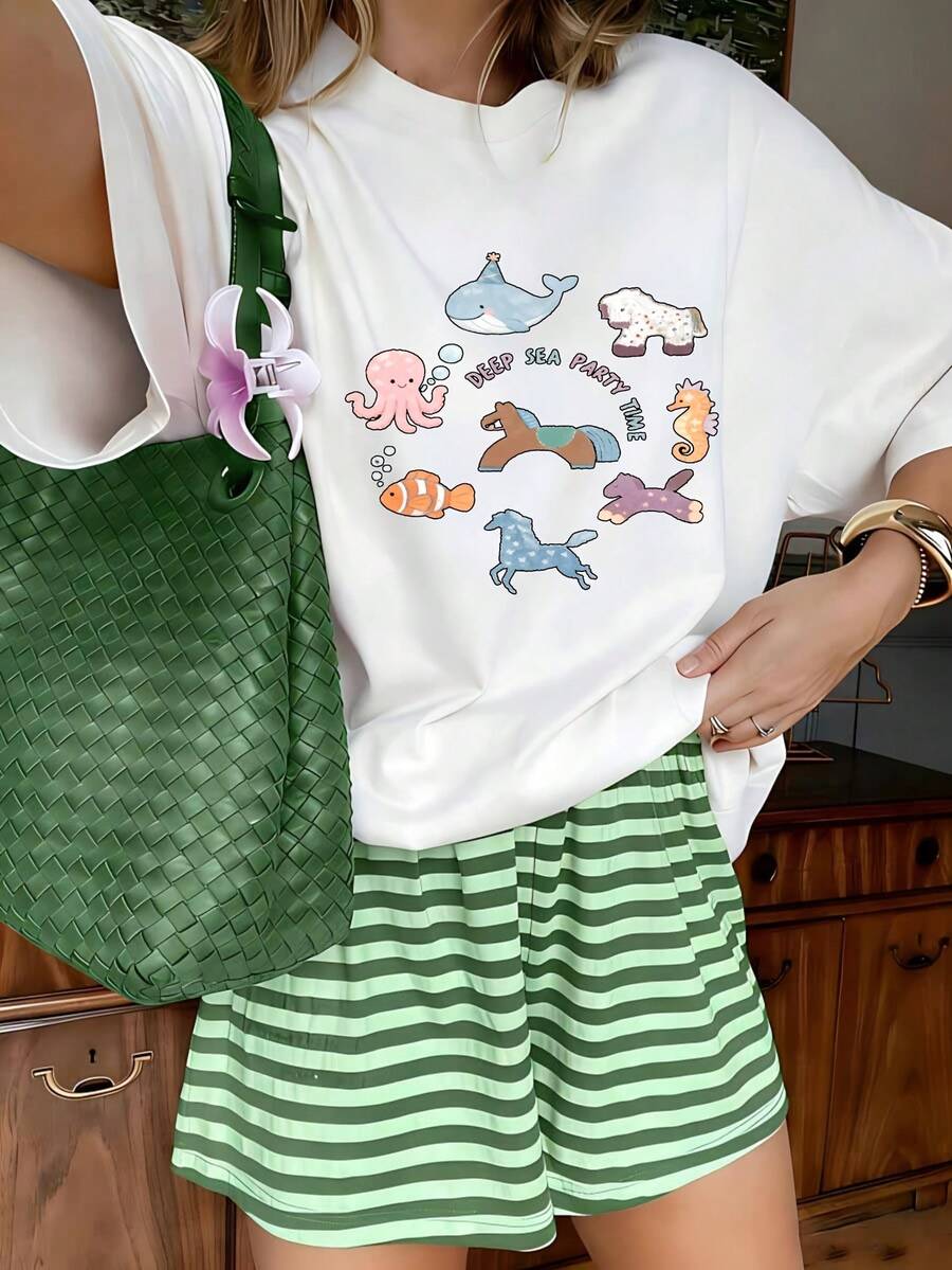 Kawaii Sea Party Graphic T-Shirt, 100% Cotton Oversized Soft Breathable Casual Crewneck Short Sleeve Top, Summer Vibes Aesthetic Streetwear Tee For Women & Ocean Lovers - 白色 - 查看 1