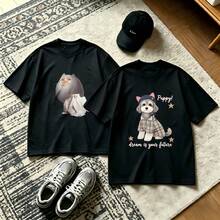 2-Piece Couple Matching Pattern T-Shirt, 100% Cotton, Loose Fit, Soft And Breathable, Casual Round Neck Short Sleeved Top Cat With Ghost Puppy With Plaid Coat Versatile Patterns No Picky Combinations Coordinated Dating Casual Travel Simple And Cartoonish Printing Styles High Cost-Effectiveness - 黑色 - 查看 1