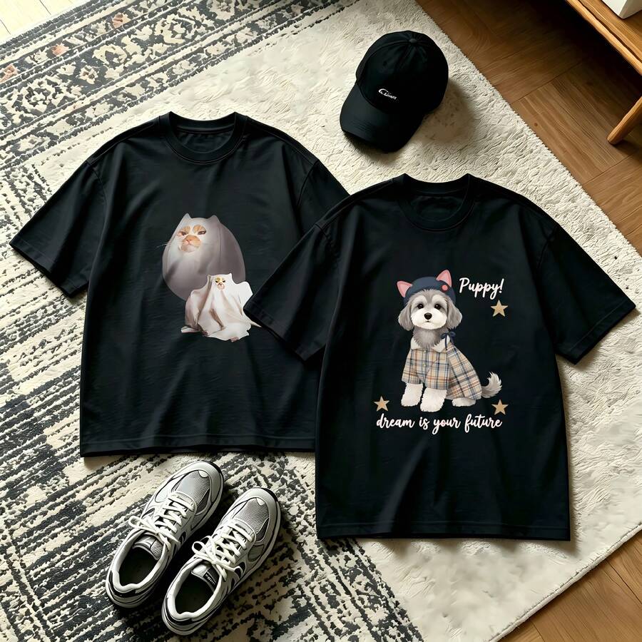 2-Piece Couple Matching Pattern T-Shirt, 100% Cotton, Loose Fit, Soft And Breathable, Casual Round Neck Short Sleeved Top Cat With Ghost Puppy With Plaid Coat Versatile Patterns No Picky Combinations Coordinated Dating Casual Travel Simple And Cartoonish Printing Styles High Cost-Effectiveness - 黑色 - 查看 1